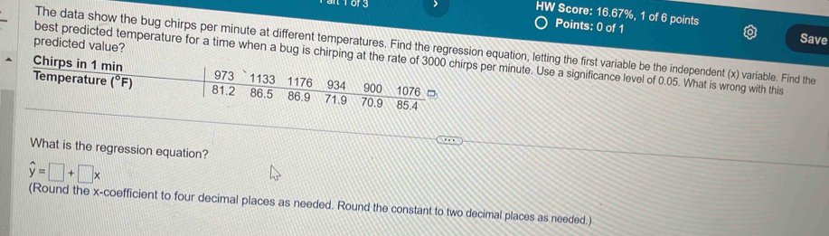 fore 
HW Score: 16. 67° %, 1 of 6 points 
Points: 0 of 1 Save 
predicted value? 
The data show the bug chirps per minute at different temperatures. Find the regression equation, letting the first variable be the independent (x) variable. Find the 
best predicted temperature for a time when a bug is chirping at the rate of 3000 chirps per minute. Use a significance level of 0.05. What is wrong with this 
Chirps in 1 min 973 1133 900
Temperature (^circ F) 81.2 86.5 86.9 1176 71.9 934 70.9 85.4 1076 □ 
What is the regression equation?
hat y=□ +□ x
(Round the x -coefficient to four decimal places as needed. Round the constant to two decimal places as needed.)