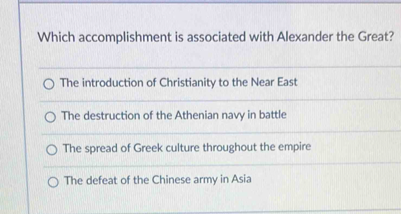 Which accomplishment is associated with Alexander the Great?
The introduction of Christianity to the Near East
The destruction of the Athenian navy in battle
The spread of Greek culture throughout the empire
The defeat of the Chinese army in Asia