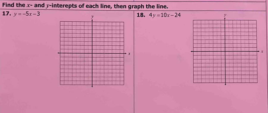 Find the x - and y -interepts of each line, then graph the line.
17. y=-5x-3 18. 4y=10x-24