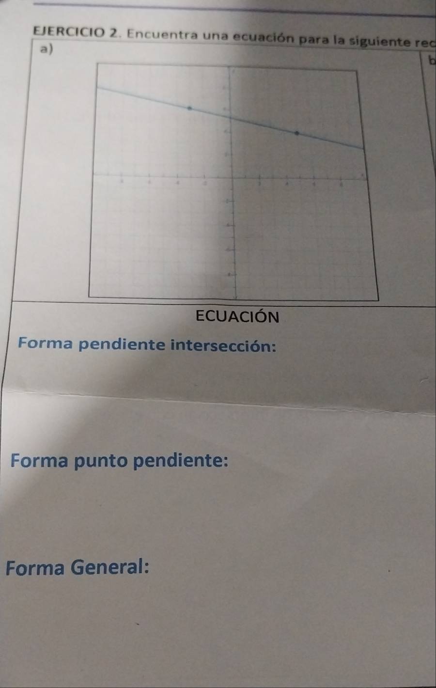 Encuentra una ecuación para la siguiente reo 
a) 
ECUACIÓN 
Forma pendiente intersección: 
Forma punto pendiente: 
Forma General: