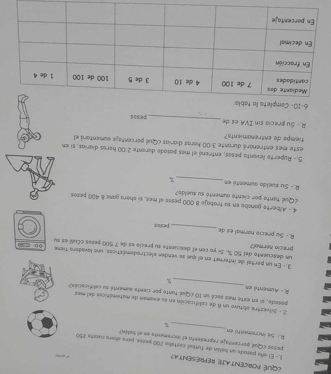 ¿QUÉ PORCENTAJE REPRESENTA?
6° grado
1.- El año pasado un balón de futbol costaba 200 pesos, pero ahora cuesta 250
_
pesos ¿Qué porcentaje representa el incremento en el balón?
R.- Se incrementó en
%
2.- Silvestre obtuvo un 8 de calificación en su examen de matemáticas del mes
pasado, si en este mes sacó un 10 ¿Qué tanto por ciento aumentó su calificación?
R.- Aumentó en _ %
3.- En un portal de internet en el que se venden electrodomésticos, una lavadora tiene 。。
un descuento del 50 %. Si ya con el descuento su precio es de 7 500 pesos ¿Cuál es su
precio normal?
_
R.- Su precio normal es de
pesos
4.- Alberto ganaba en su trabajo 8 000 pesos al mes, si ahora gana 8 400 pesos
¿Qué tanto por ciento aumentó su sueldo?
R.- Su sueldo aumentó en
_%
5.- Ruperto levanta pesas, entrenó el mes pasado durante 2:00 horas diarias, si en
este mes entrenará durante 3:00 horas diarias ¿Qué porcentaje aumentará el
tiempo de entrenamiento?
R.- Su precio sin IVA es de _pesos
6-10- Completa la tabla: