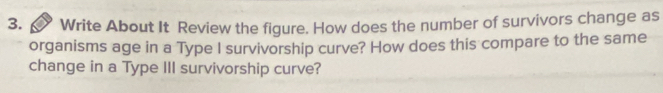 Write About It Review the figure. How does the number of survivors change as 
organisms age in a Type I survivorship curve? How does this compare to the same 
change in a Type III survivorship curve?