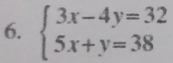 beginarrayl 3x-4y=32 5x+y=38endarray.