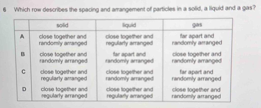 Which row describes the spacing and arrangement of particles in a solid, a liquid and a gas?