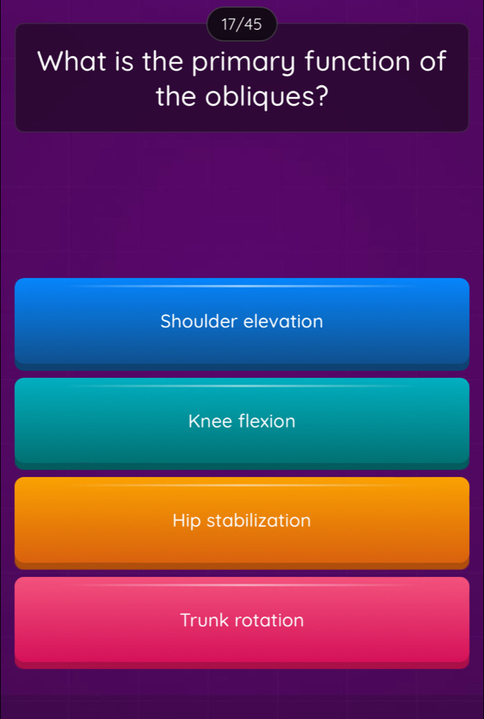 17/45
What is the primary function of
the obliques?
Shoulder elevation
Knee flexion
Hip stabilization
Trunk rotation