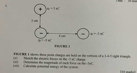 ime : 30 min
1.
FIGURE 1 shows three point charges are held on the vertices of a 3-4-5 right triangle.
(x) Sketch the electric forces on the -3 nC charge.
(xi) Determine the magnitude of each force on the -3nC.
(xii) Calculate potential energy of the system.
[10 marks]