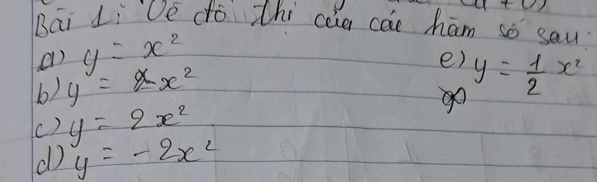 Bái LiDe do thi coe cae ham so sau. 
e1 ) y=x^2
6) y=-x^2
e) y= 1/2 x^2
() y=2x^2
( y=-2x^2