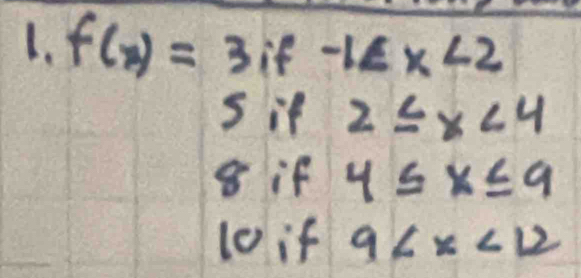 f(x)=3if-1
s if 2≤slant x<4</tex> 
8 if 4≤ x≤ 9
10 if 9