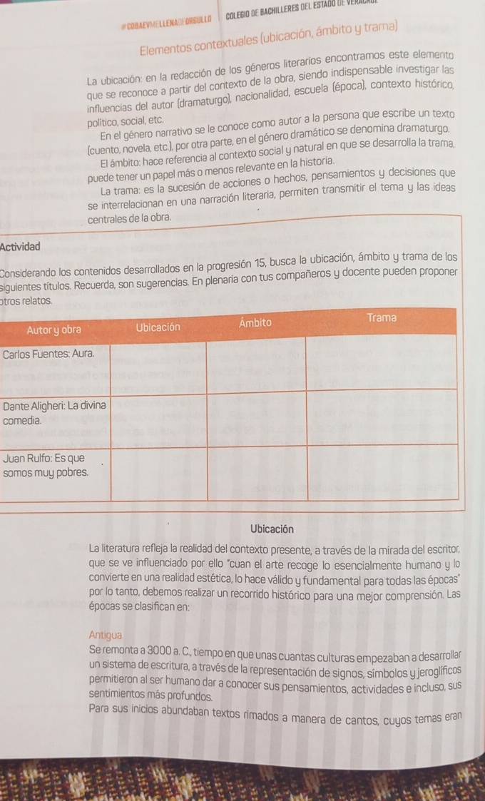 #COBAEVMELLENAOFORGULLO Colegio de bachilleres del estado de veru
Elementos contextuales (ubicación, ámbito y trama)
La ubicación: en la redacción de los géneros literarios encontramos este elerento
que se reconoce a partir del contexto de la obra, siendo indispensable investigar las
influencias del autor (dramaturgo), nacionalidad, escuela (época), contexto histórico
politico, social, etc.
En el género narrativo se le conoce como autor a la persona que escribe un texto
(cuento, novela, etc.), por otra parte, en el género dramático se denomina dramaturgo.
El ámbito: hace referencia al contexto social y natural en que se desarrolla la trama.
puede tener un papel más o menos relevante en la historia.
La trama: es la sucesión de acciones o hechos, pensamientos y decisiones que
se interrelacionan en una narración literaria, permiten transmitir el tema y las ideas
centrales de la obra.
Actividad
Considerando los contenidos desarrollados en la progresión 15, busca la ubicación, ámbito y trama de los
siguientes títulos. Recuerda, son sugerencias. En plenaria con tus compañeros y docente pueden proponer
otr
C
Da
co
J
so
Ubicación
La literatura refleja la realidad del contexto presente, a través de la mirada del escritor,
que se ve influenciado por ello "cuan el arte recoge lo esencialmente humano y lo
convierte en una realidad estética, lo hace válido y fundamental para todas las épocas"
por lo tanto, debemos realizar un recorrido histórico para una mejor comprensión. Las
épocas se clasifican en:
Antigua
Se remonta a 3000 a. C., tiempo en que unas cuantas culturas empezaban a desarrollar
un sistema de escritura, a través de la representación de signos, símbolos y jeroglificos
permitieron al ser humano dar a conocer sus pensamientos, actividades e incluso, sus
sentimientos más profundos.
Para sus inicios abundaban textos rimados a manera de cantos, cuyos temas eram