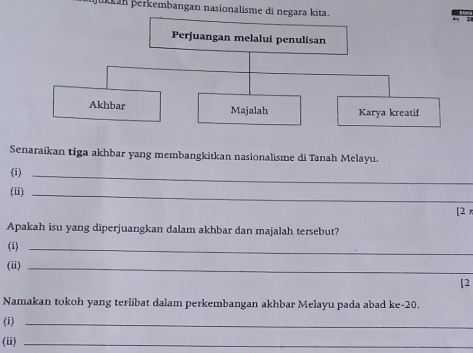 jukkán perkembangan nasionalisme di negara kita. 
25 
Senaraikan tiga akhbar yang membangkitkan nasionalisme di Tanah Melayu. 
(i)_ 
(i)_ 
[2 
Apakah isu yang diperjuangkan dalam akhbar dan majalah tersebut? 
(i)_ 
(i)_ 
[2 
Namakan tokoh yang terlibat dalam perkembangan akhbar Melayu pada abad ke- 20. 
(i)_ 
(i)_