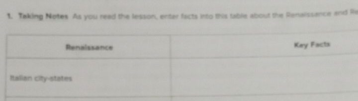 Taking Notes As you read the lesson, enter facts into this tablie about the Renalissance and Re