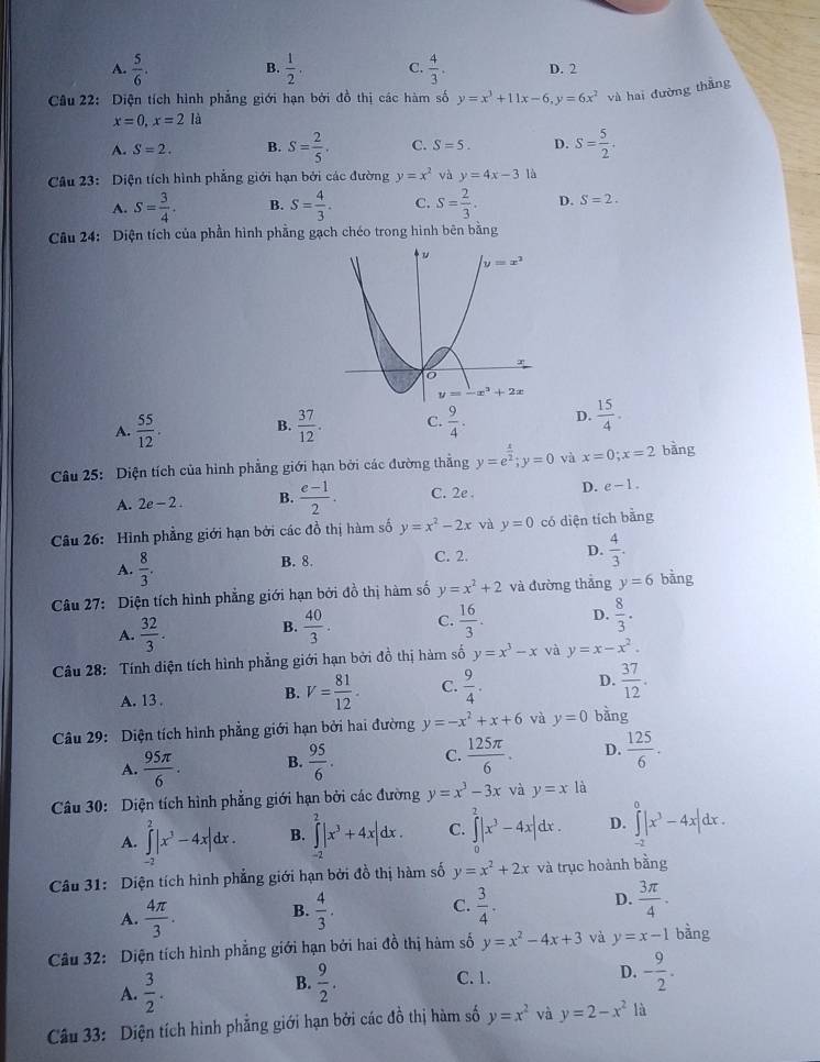 B.
A.  5/6 .  1/2 , C.  4/3 . D. 2
Câu 22: Diện tích hình phẳng giới hạn bởi đồ thị các hàm số y=x^3+11x-6,y=6x^2 và hai đường thắng
x=0,x=2la
A. S=2. B. S= 2/5 . C. S=5. D. S= 5/2 .
Câu 23: Diện tích hình phẳng giới hạn bởi các đường y=x^2 và y=4x-3 là
A. S= 3/4 . B. S= 4/3 . C. S= 2/3 . D. S=2.
Câu 24: Diện tích của phần hình phẳng gạch chéo trong hình bên bằng
A.  55/12 .  37/12 . C.  9/4 . D.  15/4 .
B.
Câu 25: Diện tích của hình phẳng giới hạn bởi các đường thắng y=e^(frac x)2;y=0 và x=0;x=2 bàng
A. 2e-2. B.  (e-1)/2 . C. 2e . D. e-1.
Câu 26: Hình phẳng giới hạn bởi các đồ thị hàm số y=x^2-2x và y=0 có diện tích bằng
A.  8/3 . B. 8. C. 2. D.  4/3 .
Câu 27: Diện tích hình phẳng giới hạn bởi đồ thị hàm số y=x^2+2 và đường thắng y=6 bằng
A.  32/3 .
B.  40/3 . C.  16/3 . D.  8/3 .
Câu 28: Tính diện tích hình phẳng giới hạn bởi đồ thị hàm số y=x^3-x và y=x-x^2.
A. 13 .
B. V= 81/12 · C.  9/4 . D.  37/12 .
Câu 29: Diện tích hình phẳng giới hạn bởi hai đường y=-x^2+x+6 và y=0 bằng
A.  95π /6 . B.  95/6 . C.  125π /6 . D.  125/6 .
Câu 30: Diện tích hình phẳng giới hạn bởi các đường y=x^3-3x và y=x1 À
A. ∈tlimits _(-2)^2|x^3-4x|dx. B. ∈tlimits _(-2)^2|x^3+4x|dx. C. ∈tlimits _0^(2|x^3)-4x|dx. D. ∈tlimits _(-2)^0|x^3-4x|dx.
Câu 31: Diện tích hình phẳng giới hạn bởi đồ thị hàm số y=x^2+2x và trục hoành bằng
C.
A.  4π /3 . B.  4/3 .  3/4 . D.  3π /4 .
Câu 32: Diện tích hình phẳng giới hạn bởi hai đồ thị hàm số y=x^2-4x+3 và y=x-1 bàng
A.  3/2 .
B.  9/2 . C. 1. D. - 9/2 .
Câu 33: Diện tích hình phẳng giới hạn bởi các đồ thị hàm số y=x^2 và y=2-x^2 là