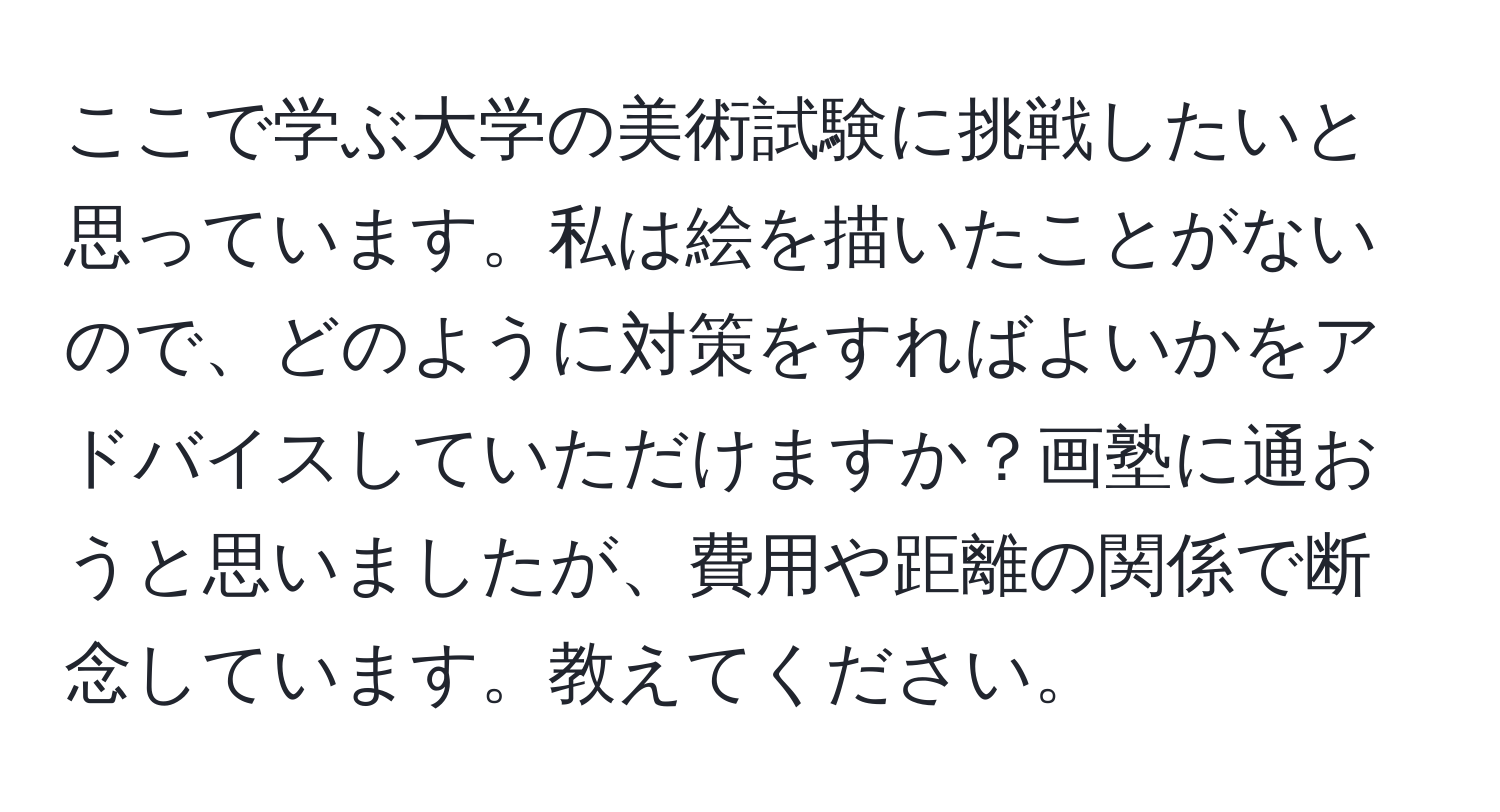 ここで学ぶ大学の美術試験に挑戦したいと思っています。私は絵を描いたことがないので、どのように対策をすればよいかをアドバイスしていただけますか？画塾に通おうと思いましたが、費用や距離の関係で断念しています。教えてください。