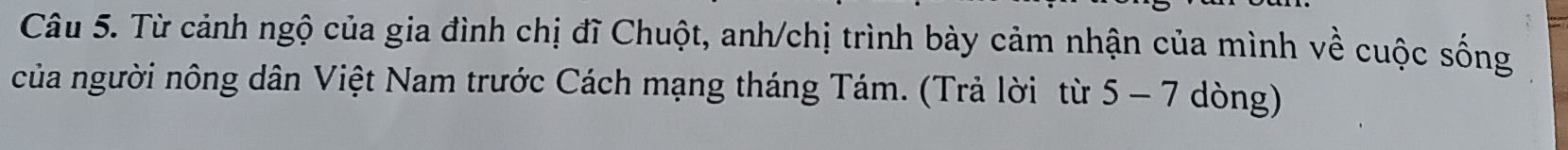 Từ cảnh ngộ của gia đình chị đĩ Chuột, anh/chị trình bày cảm nhận của mình về cuộc sống 
của người nông dân Việt Nam trước Cách mạng tháng Tám. (Trả lời từ 5-7 dòng)