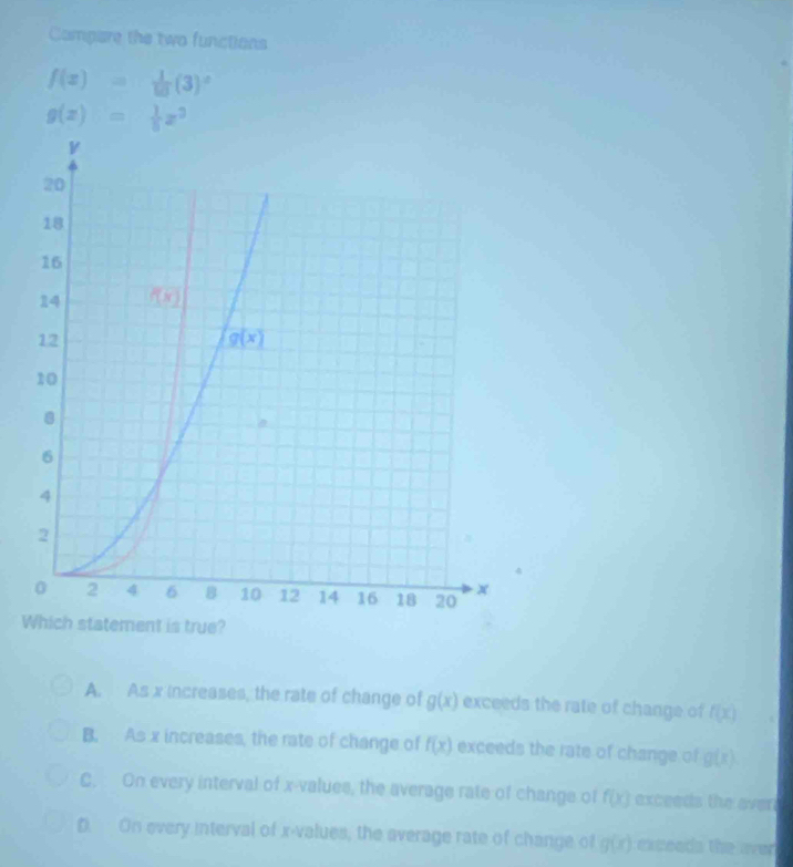 Compare the two functions
f(x)= 1/13 (3)^x
g(x)= 1/6 x^3
Wment is true?
A. As x increases, the rate of change of g(x) exceeds the rate of change of f(x)
B. As x increases, the rate of change of f(x) exceeds the rate of change of g(x)
C. On every interval of x-values, the average rate of change of f(x) exceeds the over
D. On every interval of x-values, the average rate of change of g(x) exceeds the ever