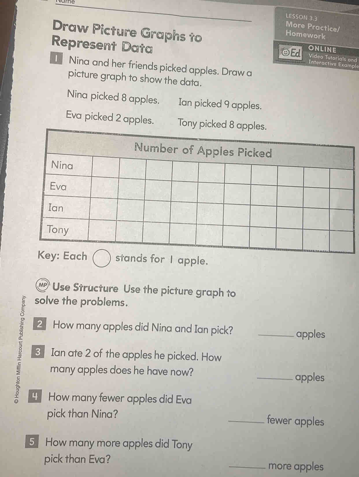 LESSON 3.3 More Practice/ Homework Draw Picture Graphs to ONLINE ...