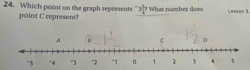 Which point on the graph represents -3 3/4  ? What number does Lesson 3. 
point C represent?