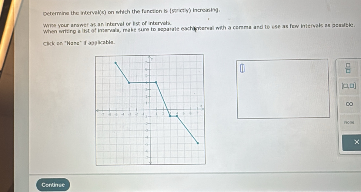 Determine the interval(s) on which the function is (strictly) increasing.
Write your answer as an interval or list of intervals.
When writing a list of intervals, make sure to separate each nterval with a comma and to use as few intervals as possible.
Click on "None" if applicable.
 □ /□  
[□ ,□ ]
∞
None
×
Continue