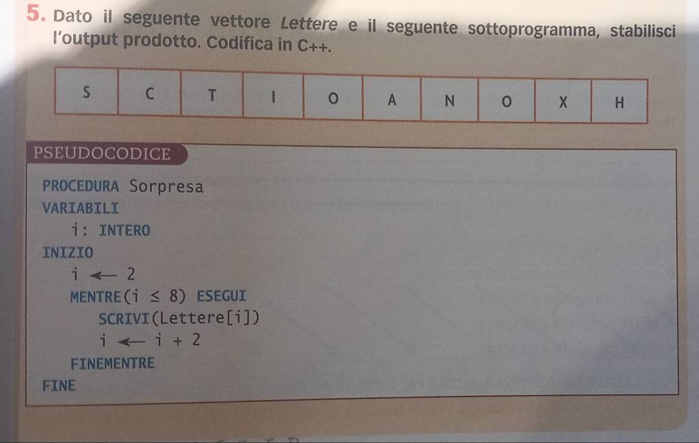 Dato il seguente vettore Lettere e il seguente sottoprogramma, stabilisci 
l’output prodotto. Codifica in C_++. 
PSEUDOCODICE 
PROCEDURA Sorpresa 
VARIABILI 
i： INTERO 
INIZIO
iarrow 2
MENTRE (i≤ 8) ESEGUI 
SCRIVI(Lettere[i]) 
1 arrow i+2
FINEMENTRE 
FINE