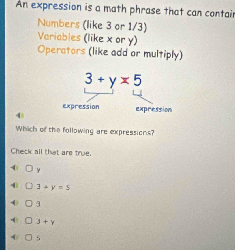 An expression is a math phrase that can contair
Numbers (like 3 or 1/3)
Variables (like x or y)
Operators (like add or multiply)
Which of the following are expressions?
Check all that are true.
y
3+y=5
3
3+y
5