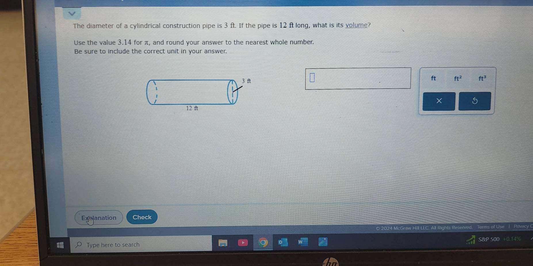 Solved: The diameter of a cylindrical construction pipe is 3 ft. If the ...
