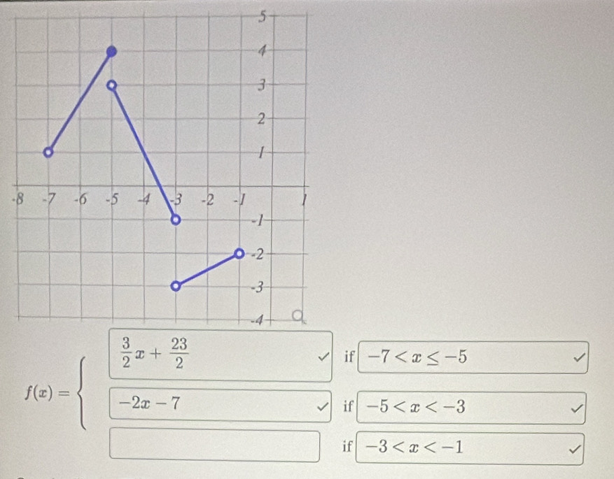 -7
f(x)=beginarrayl □   1/2 x+ 23/2  □ -2x-7 □ endarray. f -5
f -3