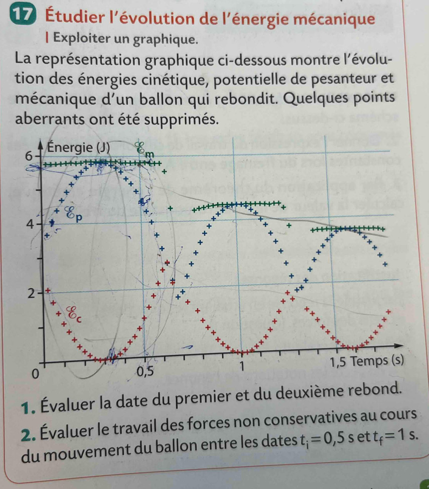 17 Étudier l'évolution de l'énergie mécanique 
| Exploiter un graphique. 
La représentation graphique ci-dessous montre l’évolu- 
tion des énergies cinétique, potentielle de pesanteur et 
mécanique d'un ballon qui rebondit. Quelques points 
aberrants ont été supprimés. 
1. Évaluer la date du premier et du deuxième rebond. 
2. Évaluer le travail des forces non conservatives au cours 
du mouvement du ballon entre les dates t_i=0,5s et t_f=1s.