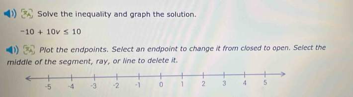 Solve the inequality and graph the solution.
-10+10v≤ 10
Plot the endpoints. Select an endpoint to change it from closed to open. Select the 
middle of the segment, ray, or line to delete it.