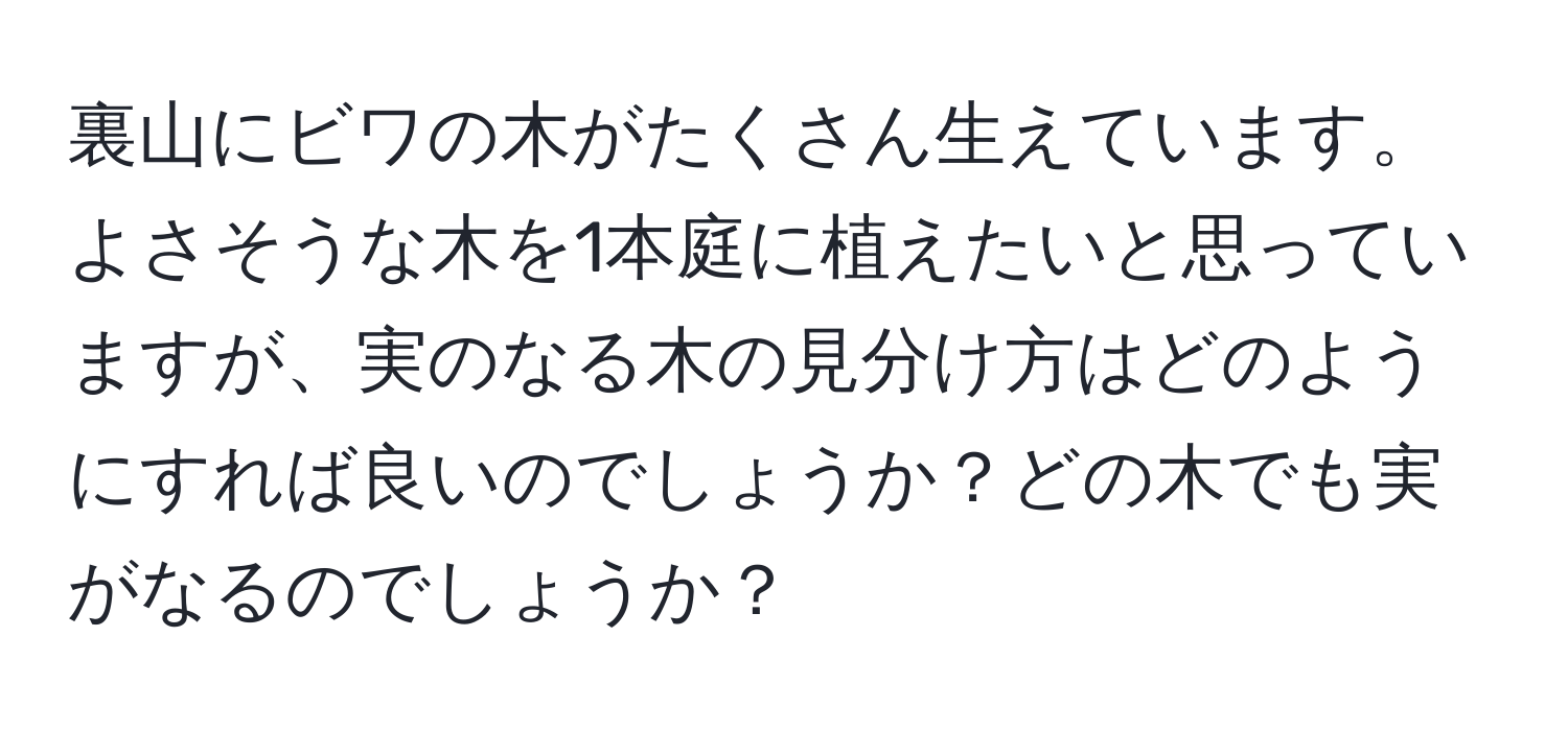 裏山にビワの木がたくさん生えています。よさそうな木を1本庭に植えたいと思っていますが、実のなる木の見分け方はどのようにすれば良いのでしょうか？どの木でも実がなるのでしょうか？