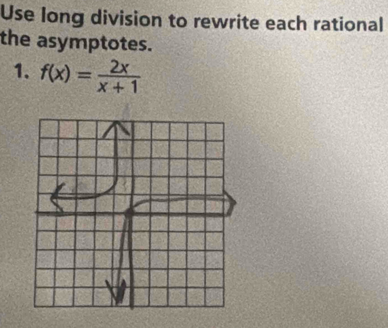 Use long division to rewrite each rational 
the asymptotes. 
1. f(x)= 2x/x+1 