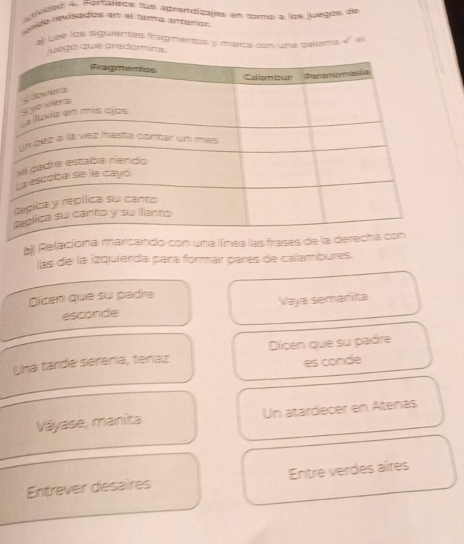 atividad 4. Fortaleos fus aprendizajes em tomo a los juegos de 
renido revisadios em el tama antarion 
el Leé los siguientes fragmentas y marca con una caloma √ el 
que predom 
a) Relacíona marcando con una línea las frases de 
las de la izquierda para formar pares de calambures. 
Dícen que su padre 
esconde Vaya semañita 
Una tarde serena, tenaz Dicen que su padre 
es conde 
Váyase, maníta Un atardecer en Atenas 
Entrever desaires Entre verdes aïres