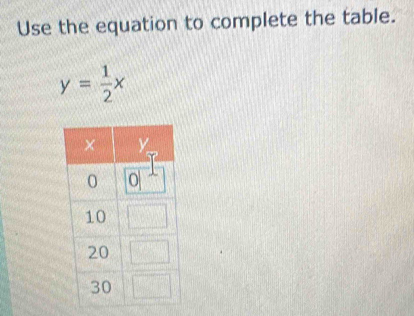 Use the equation to complete the table.
y= 1/2 x