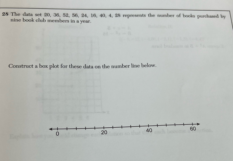 The data set 20, 36, 52, 56, 24, 16, 40, 4, 28 represents the number of books purchased by 
nine book club members in a year. 
Construct a box plot for these data on the number line below.