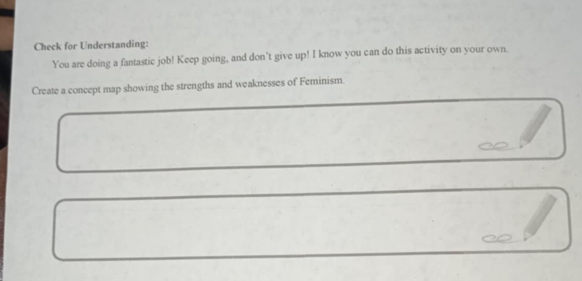 Check for Understanding: 
You are doing a fantastic job! Keep going, and don’t give up! I know you can do this activity on your own. 
Create a concept map showing the strengths and weaknesses of Feminism.