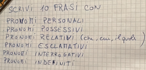 ScRIVi 10 FRASi CON 
PRONO Hi PERSONALI 
PRONOHi POSSESSIVi 
BRONOn: RECATIV (ch, c, Rque) 
PRONOHI ESCLATATIVi 
PRONOTI INTERRO GATIVI 
PRONOBi NDEFIUITi