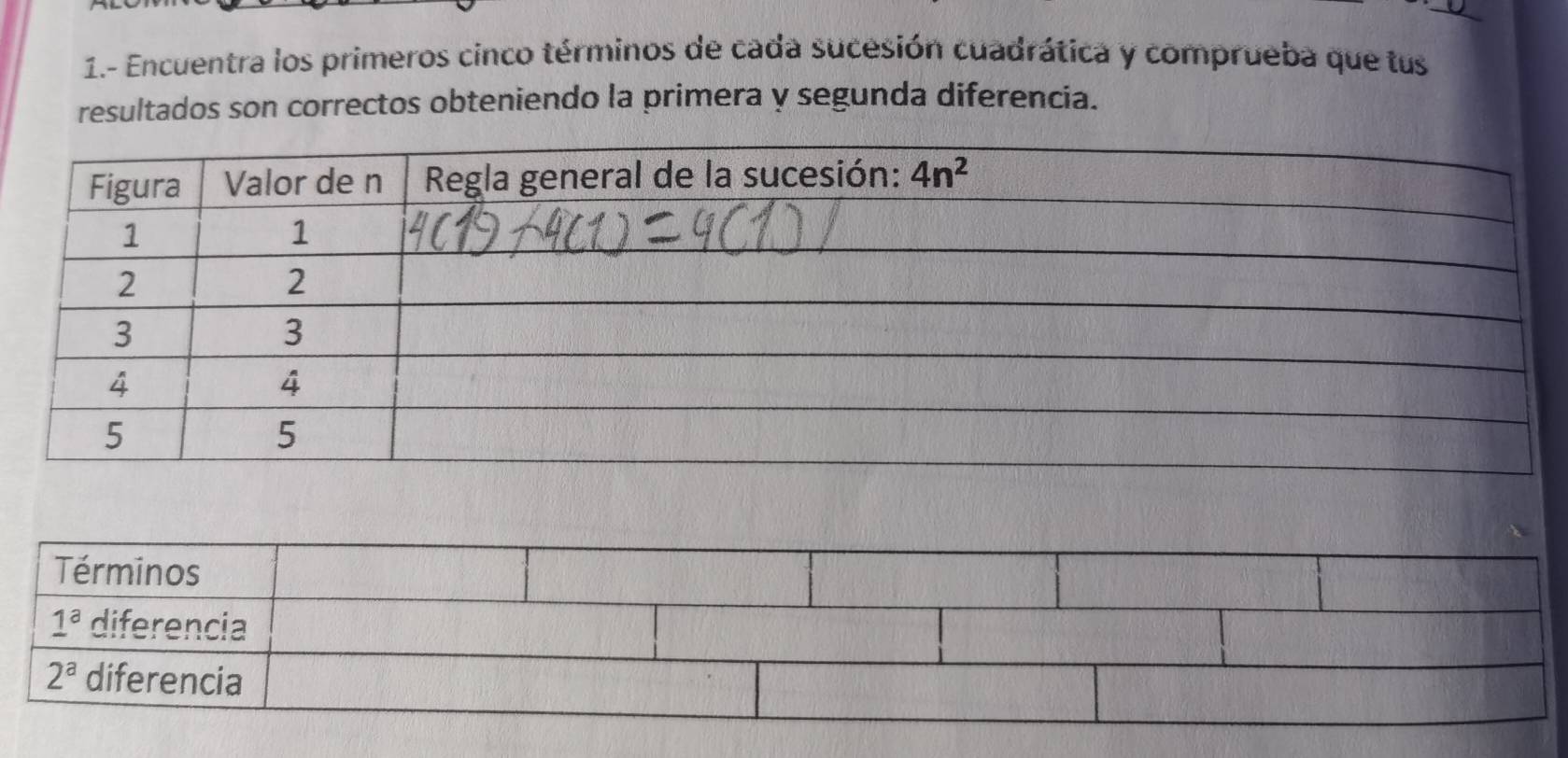 1.- Encuentra los primeros cinco términos de cada sucesión cuadrática y comprueba que tus
resultados son correctos obteniendo la primera y segunda diferencia.