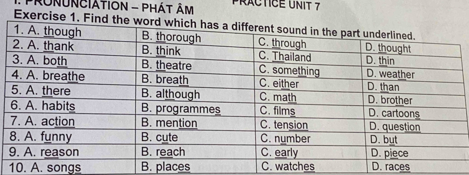 PRONUNCIATION - PHÁT ÂM
PRACTICE UNIT 7
Exercise 1. F
10. A. songs B. places