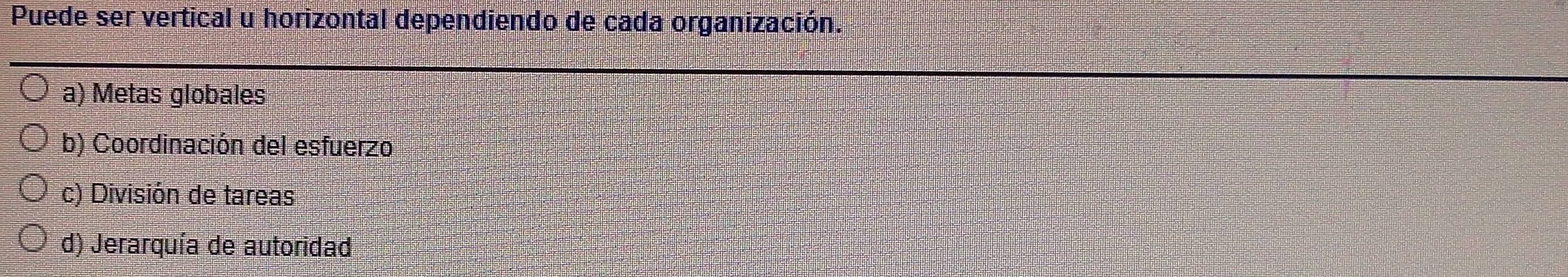 Puede ser vertical u horizontal dependiendo de cada organización.
a) Metas globales
b) Coordinación del esfuerzo
c) División de tareas
d) Jerarquía de autoridad