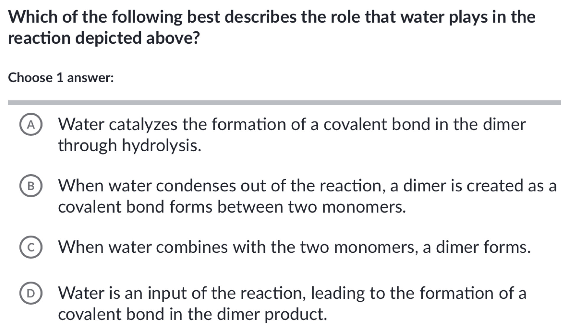 Which of the following best describes the role that water plays in the
reaction depicted above?
Choose 1 answer:
A ) Water catalyzes the formation of a covalent bond in the dimer
through hydrolysis.
B When water condenses out of the reaction, a dimer is created as a
covalent bond forms between two monomers.
When water combines with the two monomers, a dimer forms.
Water is an input of the reaction, leading to the formation of a
covalent bond in the dimer product.