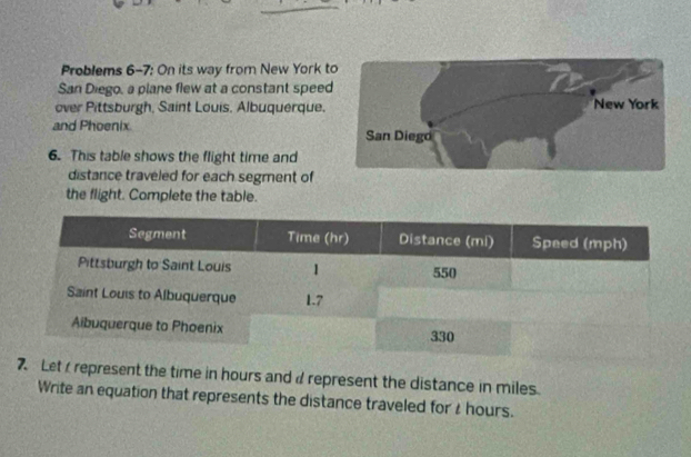 Problems 6-7: On its way from New York t 
San Diego, a plane flew at a constant speed 
over Pittsburgh, Saint Louis. Albuquerque. 
and Phoenix. 
6. This table shows the flight time and 
distance traveled for each segment of 
the flight. Complete the table. 
Let represent the time in hours and a represent the distance in miles. 
Write an equation that represents the distance traveled fort hours.