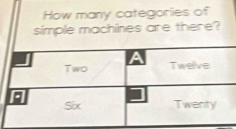 How many categories of
simple machines are there?
A
Two Twelve
.
]
Six Twenty