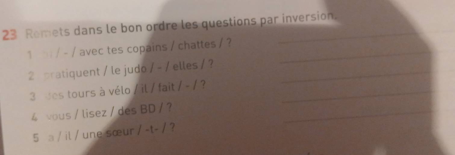 Remets dans le bon ordre les questions par inversion. 
1 / - / avec tes copains / chattes / ?_ 
2 pratiquent / le judo 1-1 elles / ?_ 
3 des tours à vélo / il / fait /-/ ?_ 
4 vous / lisez / des BD / ?_ 
5 a / il / une sœur /-t-/ ?