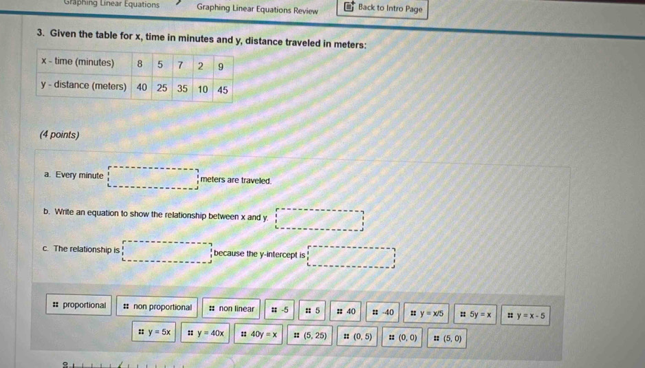 Graphing Linear Équations Graphing Linear Equations Review Back to Intro Page
3. Given the table for x, time in minutes and y, distance traveled in meters :
(4 points)
a. Every minute □ meters are traveled.
b. Write an equation to show the relationship between x and y. □ 
c. The relationship is □ because the y-intercept is □
= proportional :: non proportional # non linear / 2-5 : 5 : 40 ::-40 :: y=x/5 :: 5y=x :: y=x-5
:: y=5x * y=40x :: 40y=x :: (5,25) :: (0,5) :: (0,0) :: (5,0)