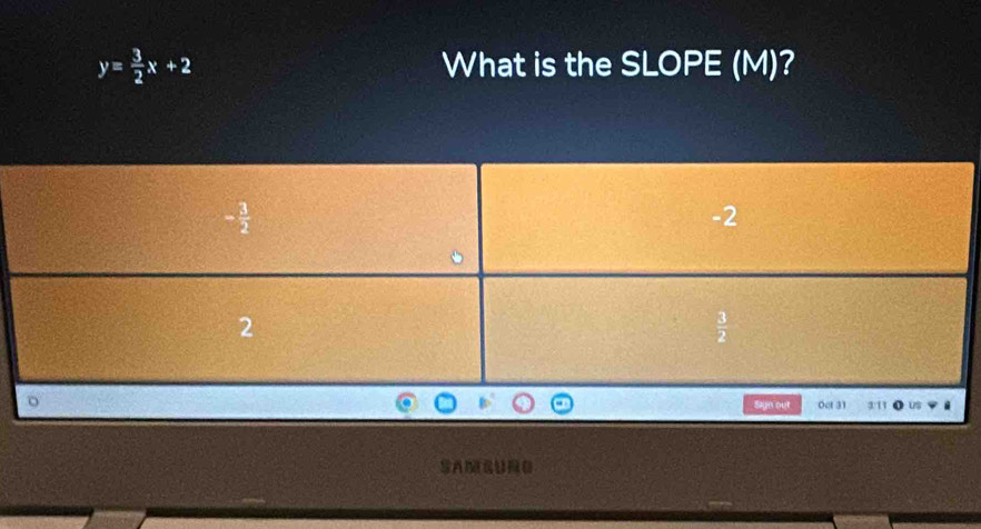 y= 3/2 x+2 What is the SLOPE (M)?
SAMSUNO