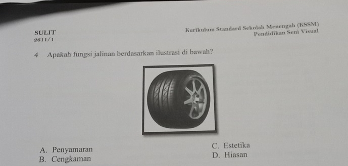 SULIT Kurikulum Standard Sekolah Menengah (KSSM)
Pendidikan Seni Visual
2611/1
4 Apakah fungsi jalinan berdasarkan ilustrasi di bawah?
A. Penyamaran C. Estetika
B. Cengkaman D. Hiasan