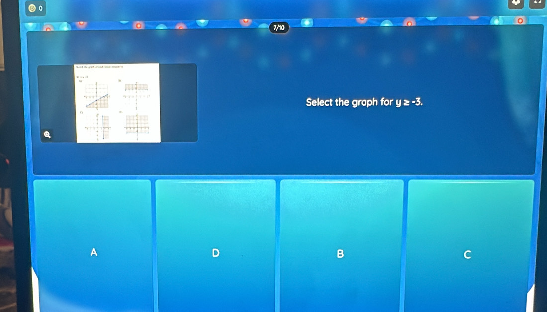 Select the graph for y ≥ -3.
0
A
B
C