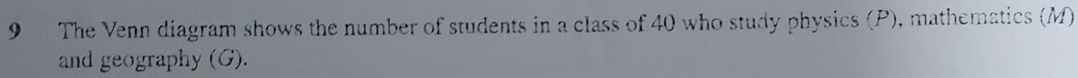 The Venn diagram shows the number of students in a class of 40 who study physics (P), mathematics (M) 
and geography (G).