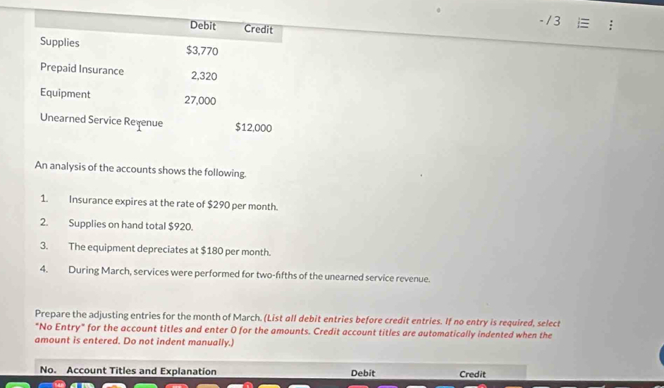 Debit Credit 
Supplies $3,770
Prepaid Insurance 2,320
Equipment 27,000
Unearned Service Revenue $12,000
An analysis of the accounts shows the following. 
1. Insurance expires at the rate of $290 per month. 
2. Supplies on hand total $920. 
3. The equipment depreciates at $180 per month. 
4. During March, services were performed for two-ffths of the unearned service revenue. 
Prepare the adjusting entries for the month of March. (List all debit entries before credit entries. If no entry is required, select 
"No Entry" for the account titles and enter 0 for the amounts. Credit account titles are automatically indented when the 
amount is entered. Do not indent manually.) 
No. Account Titles and Explanation Debit Credit