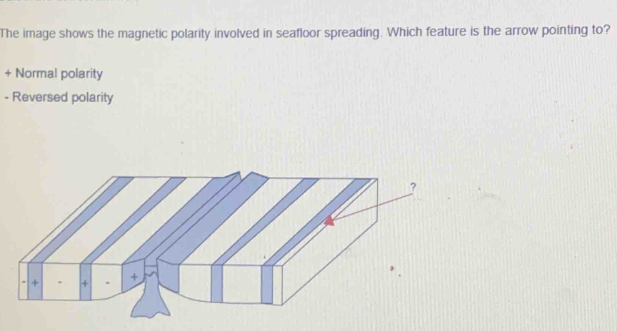 The image shows the magnetic polarity involved in seafloor spreading. Which feature is the arrow pointing to?
+ Normal polarity
- Reversed polarity