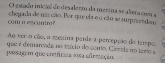 estado inicial de desalento da menina se altera com a 
chegada de um cão. Por que ela e o cão se surpreendem 
com o encontro? 
Ao ver o cão, a menina perde a percepção do tempo, 
que é demarcada no início do conto. Circule no texto a 
passagem que confirma essa afirmação.